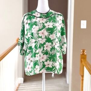 Pari Passu Marni Top Floral Print Blouse Short Sleeve Zip‎ Back Black Piping 16